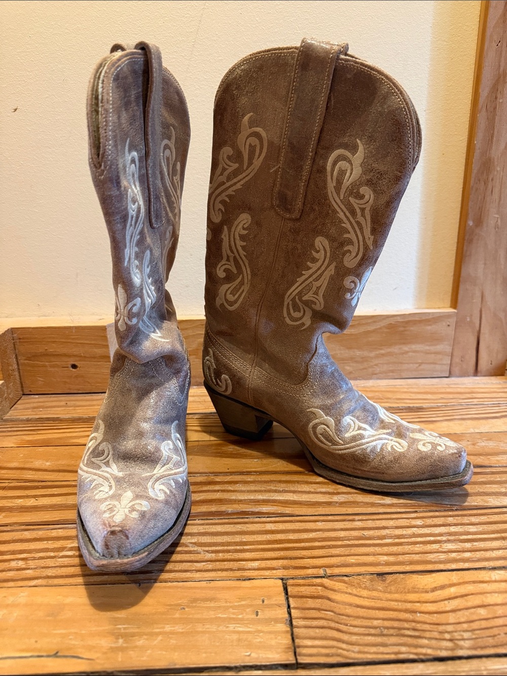 Women's Taupe Suede Embroidered Western Heeled Boots